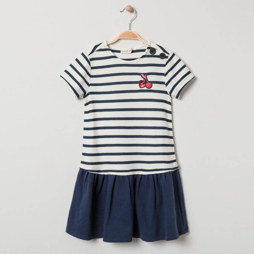 Vestido efecto 2 en 1 rayas y parche cerezas 