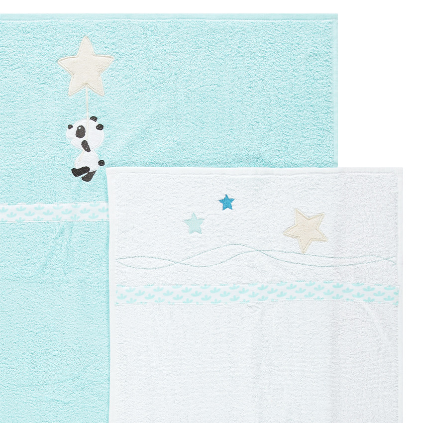 Set de 2 toallas de 2 tamaños con estrellas y panda bordados  Additional Set de 2 toallas de 2 tamaños con estrellas y panda bordados