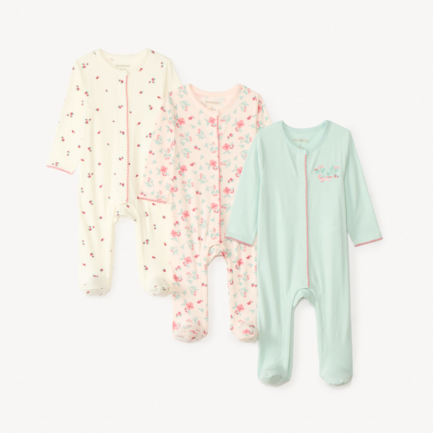 Conjunto de 3 pijamas ligeros con estampado primaveral para bebé niña (diferentes aperturas según la edad). 