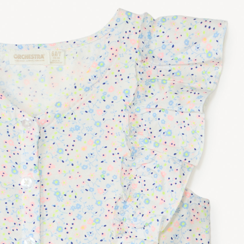 Camisa de manga corta con gran volante impreso de flores para niña 