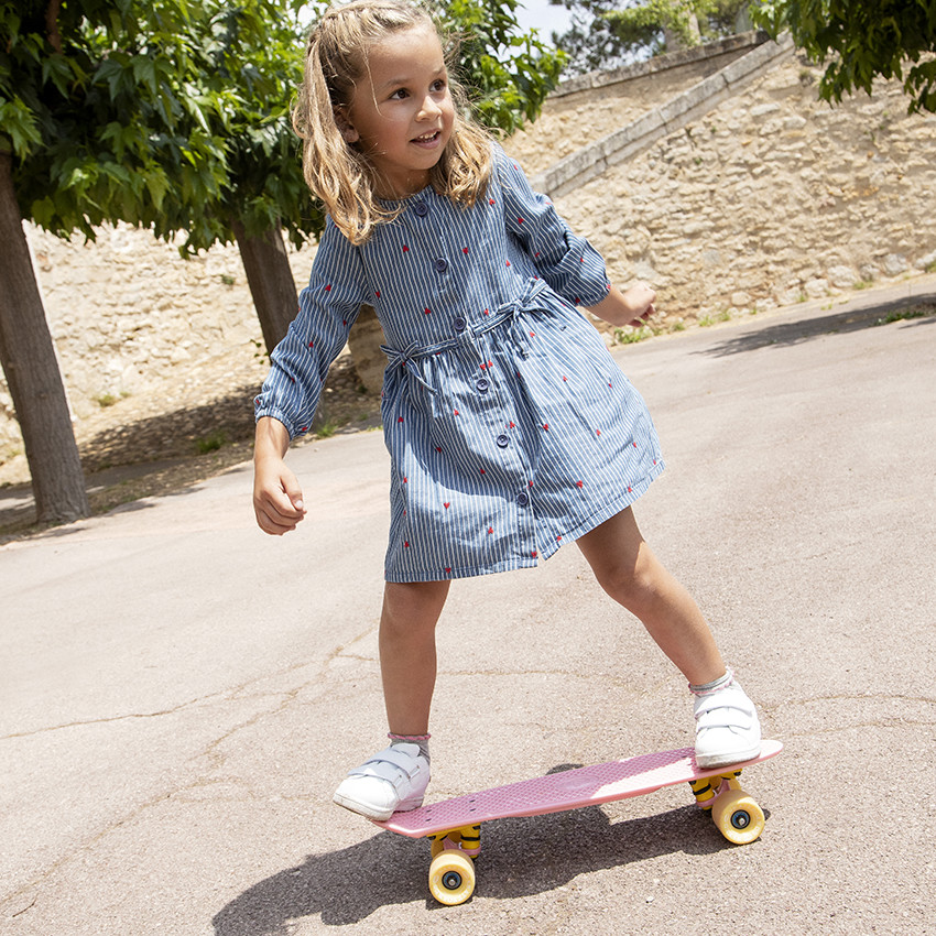 Vestido de chambray manga larga rayas y corazones bordados 