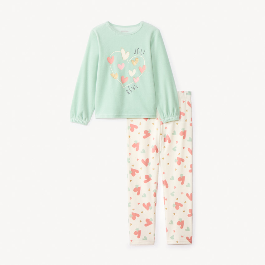 Conjunto de pijama de 2 piezas en terciopelo con corazones fantasía niña 