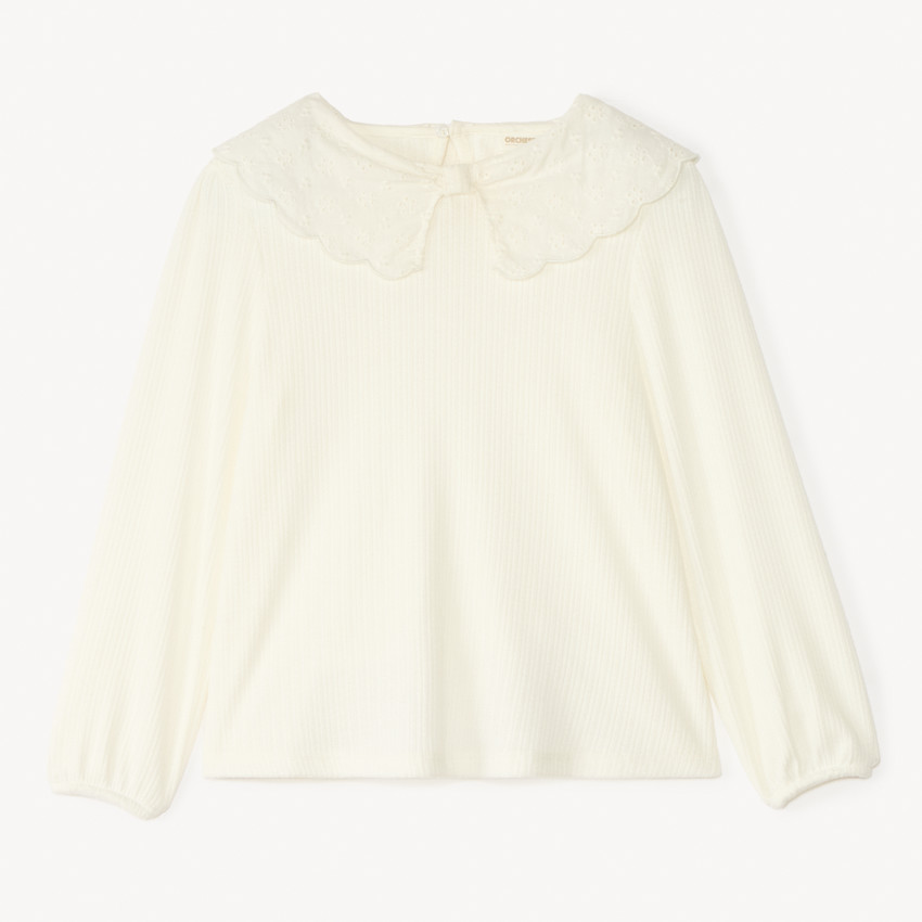 Túnica de manga larga con cuello tipo Claudine en bordado inglés para niña 