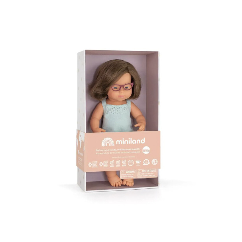 Muñeca Miniland Dolls 38cm Colourful Edition con Síndrome de Down y gafas. 