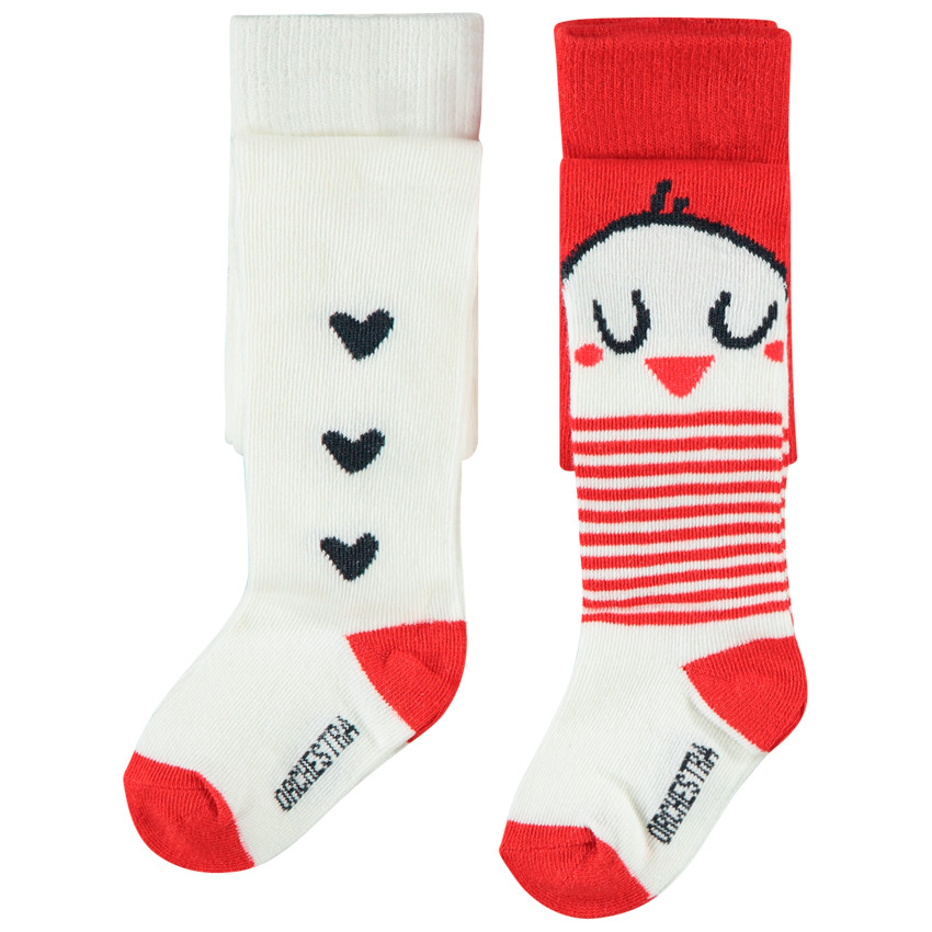 Pack de 2 medias gruesas para bebé niña con estampado de pájaros y corazones 