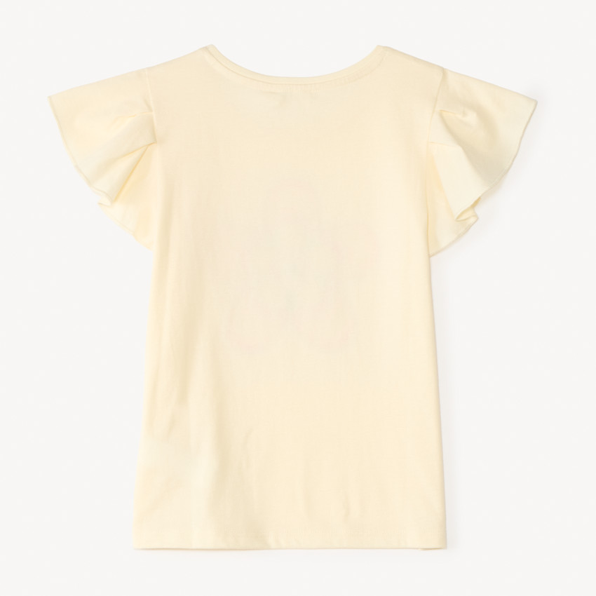 Camiseta de manga corta con flores de cordón y brillantina para niña. 
