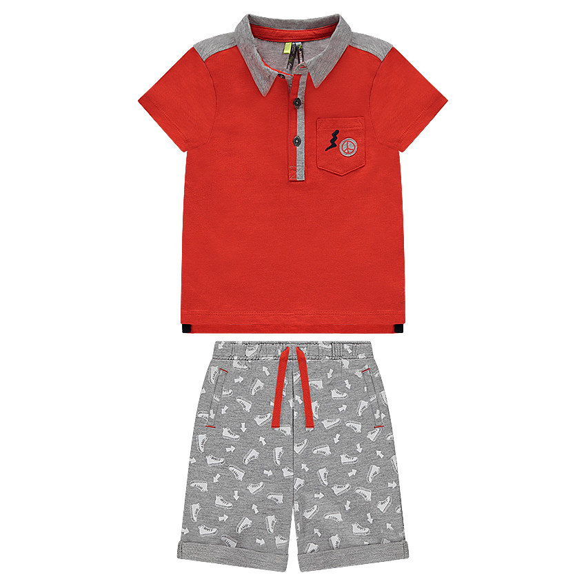 Conjunto de polo de punto y bermudas de felpa con estampado all-over 