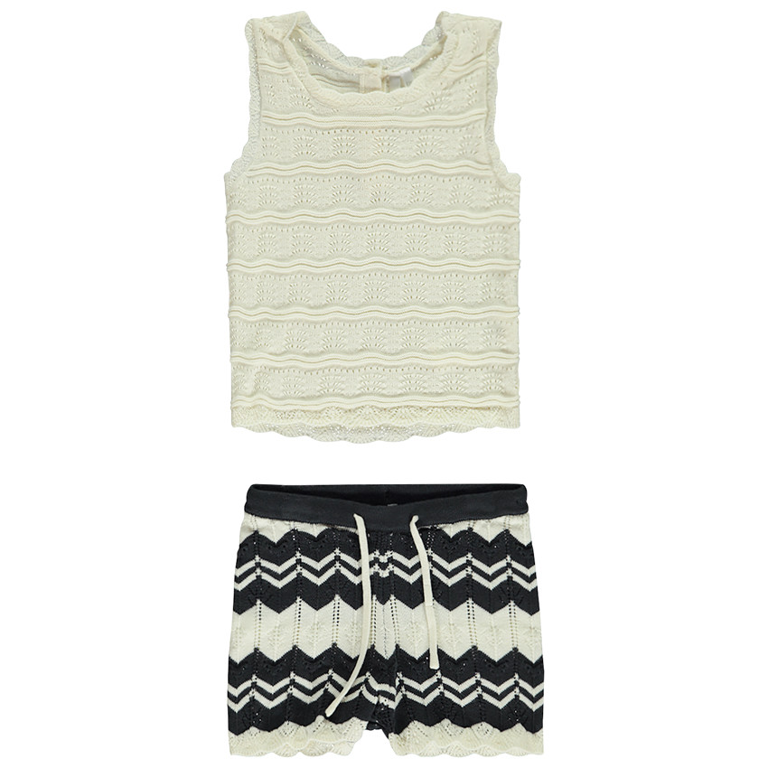 Conjunto de crochet camiseta sin mangas + short con estampado fantasía para bebé niña 