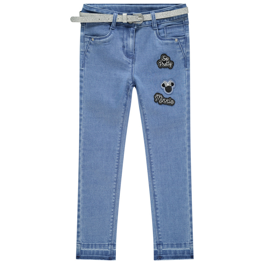 Jeans efecto gastado cinturón plateado y parches Minnie Disney 