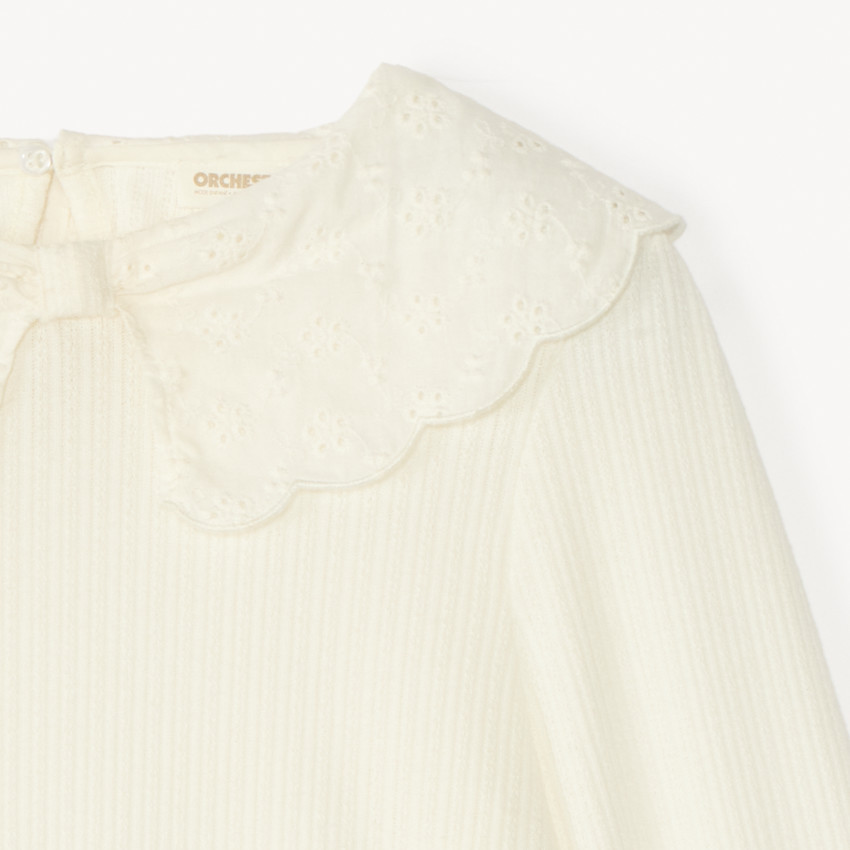 Túnica de manga larga con cuello tipo Claudine en bordado inglés para niña 