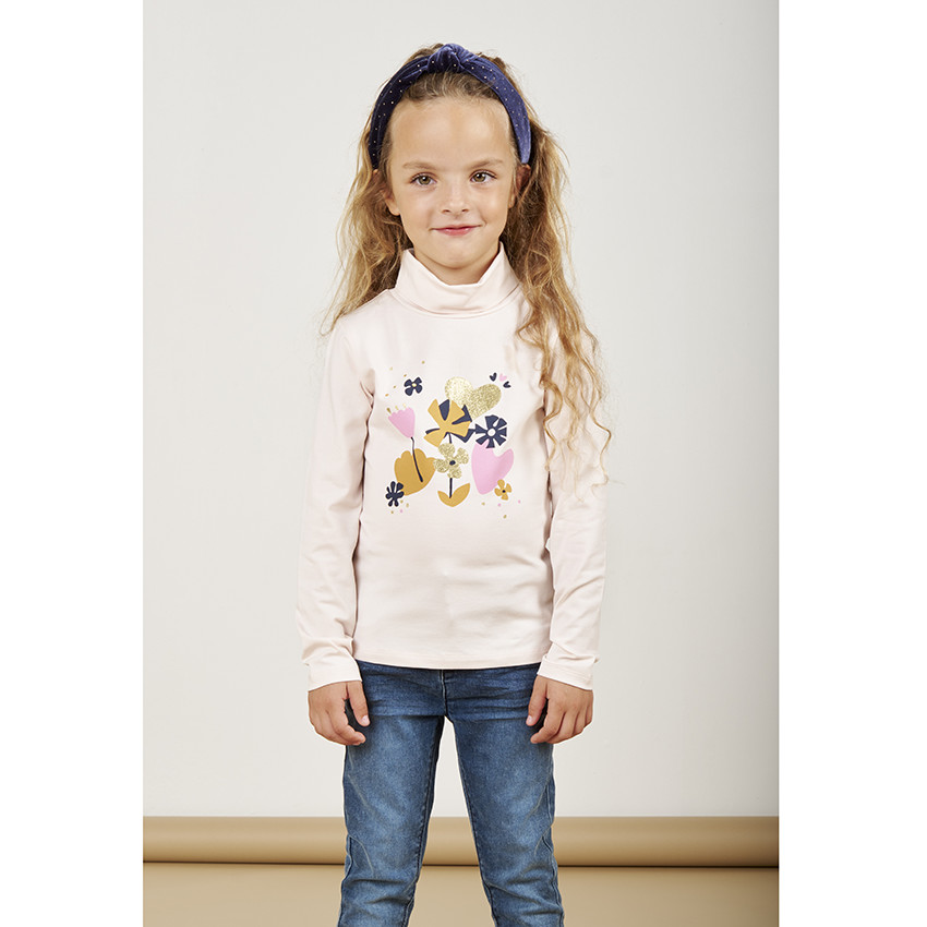 Suéter de niña con cuello alto y estampado divertido en jersey. 