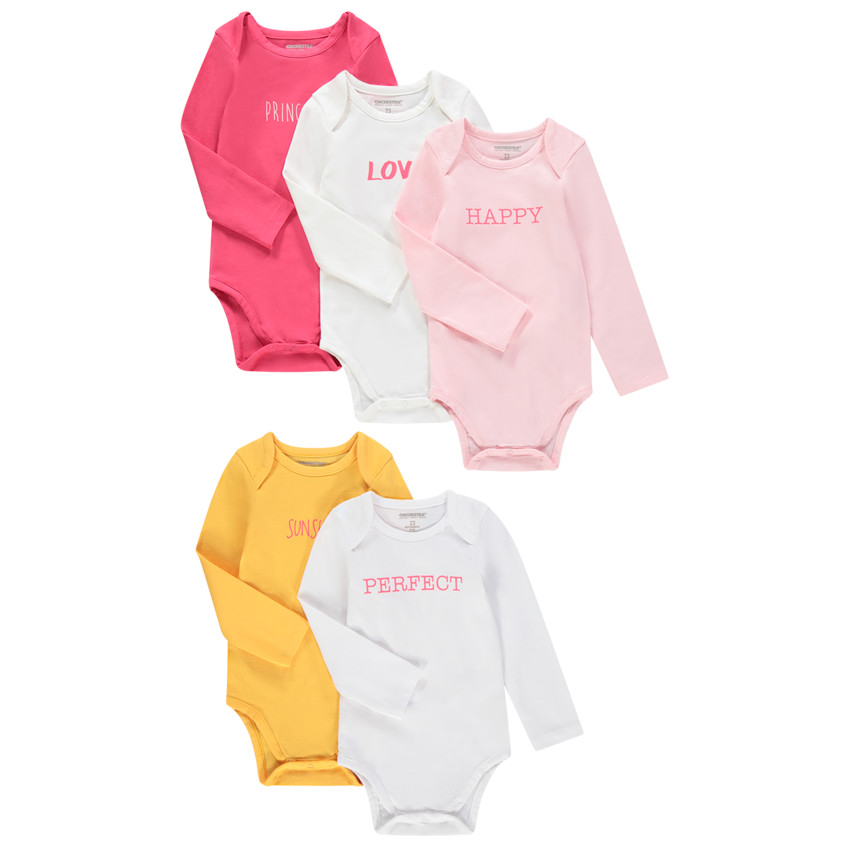 Pack de 5 bodies de manga larga de algodón con mensaje estampado para bebé niña 