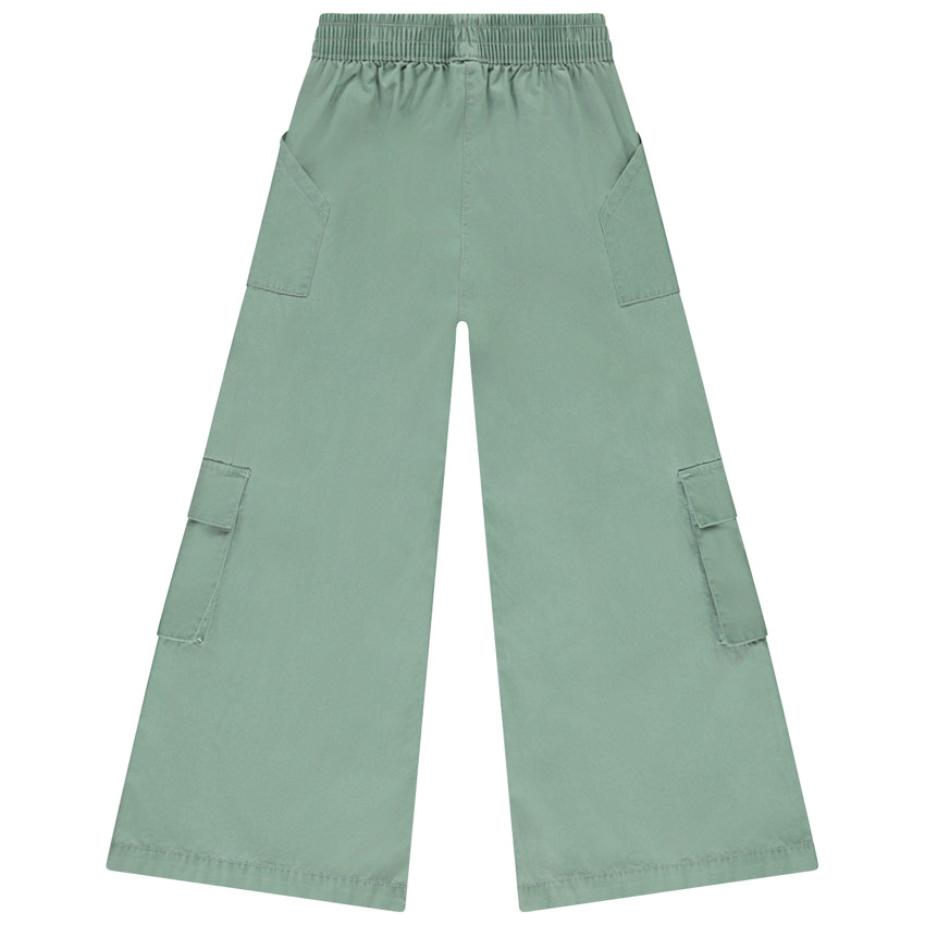Pantalón acampanado uni verde en tela con bolsillos para niña 