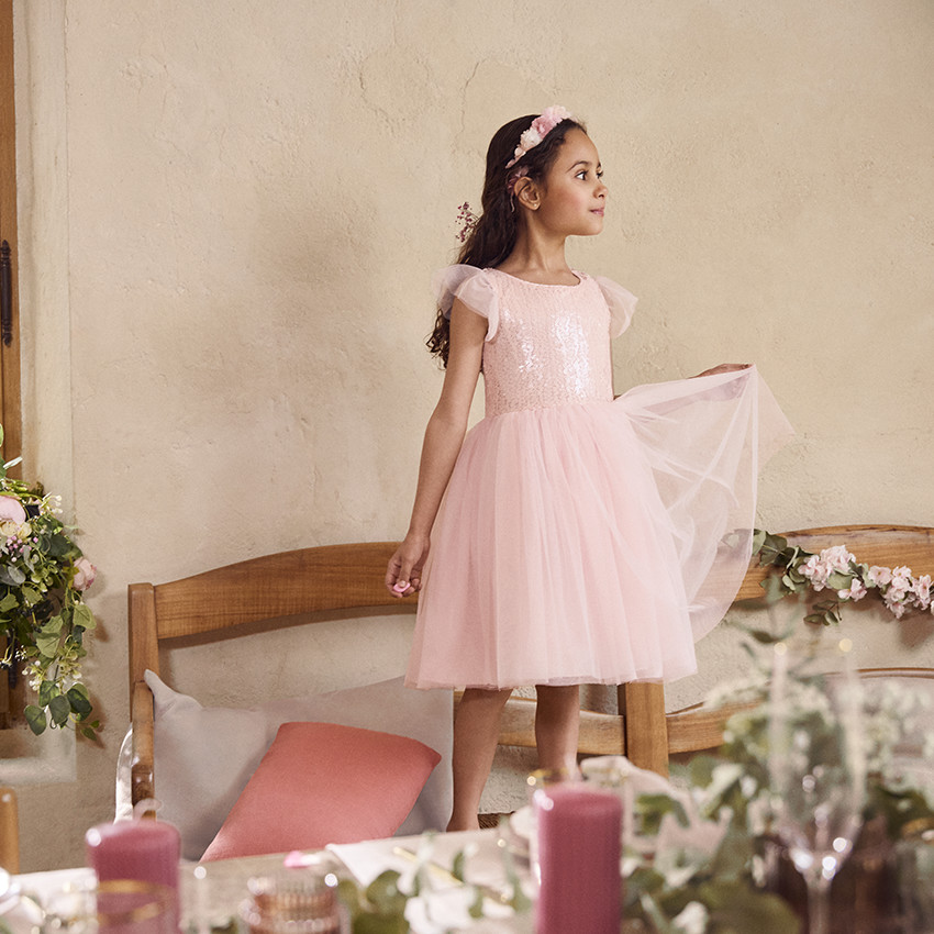 Vestido de manga corta de tul y lentejuelas para niña  Additional Vestido de manga corta de tul y lentejuelas para niña