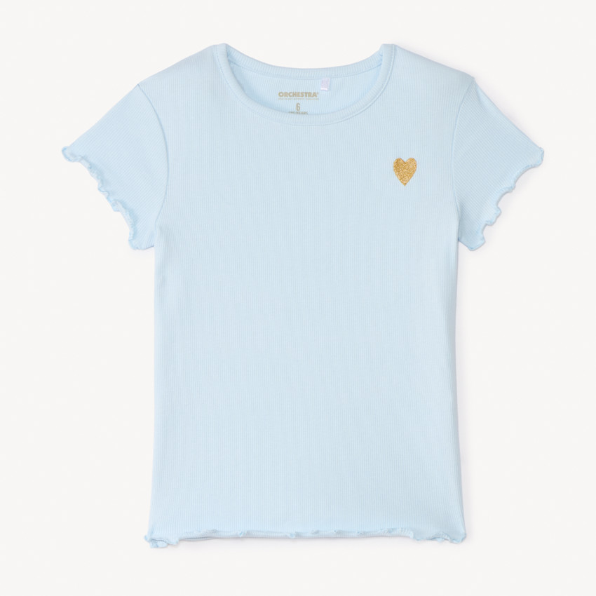 Camiseta de manga corta de punto acanalado con corazón bordado para niña 