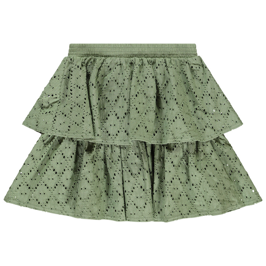 Falda corta lisa con volantes en jacquard calado para niña 