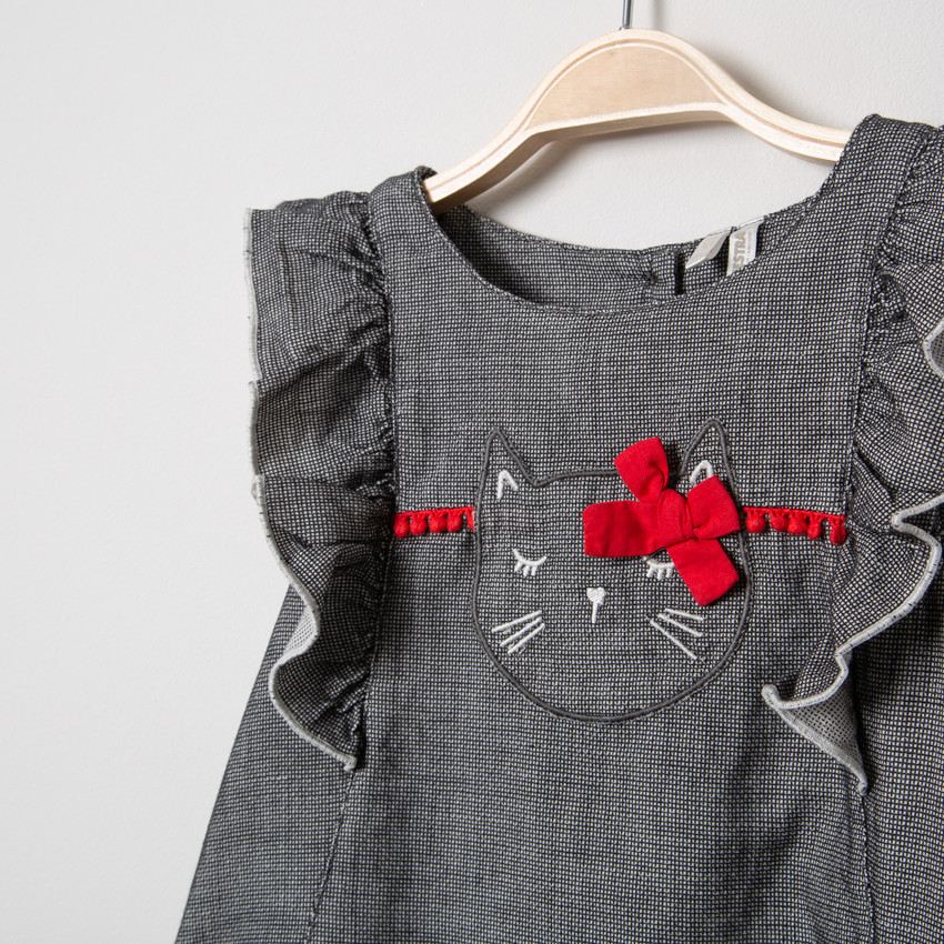 Vestido de manga corta de cambray con gato bordado  Additional Vestido de manga corta de cambray con gato bordado