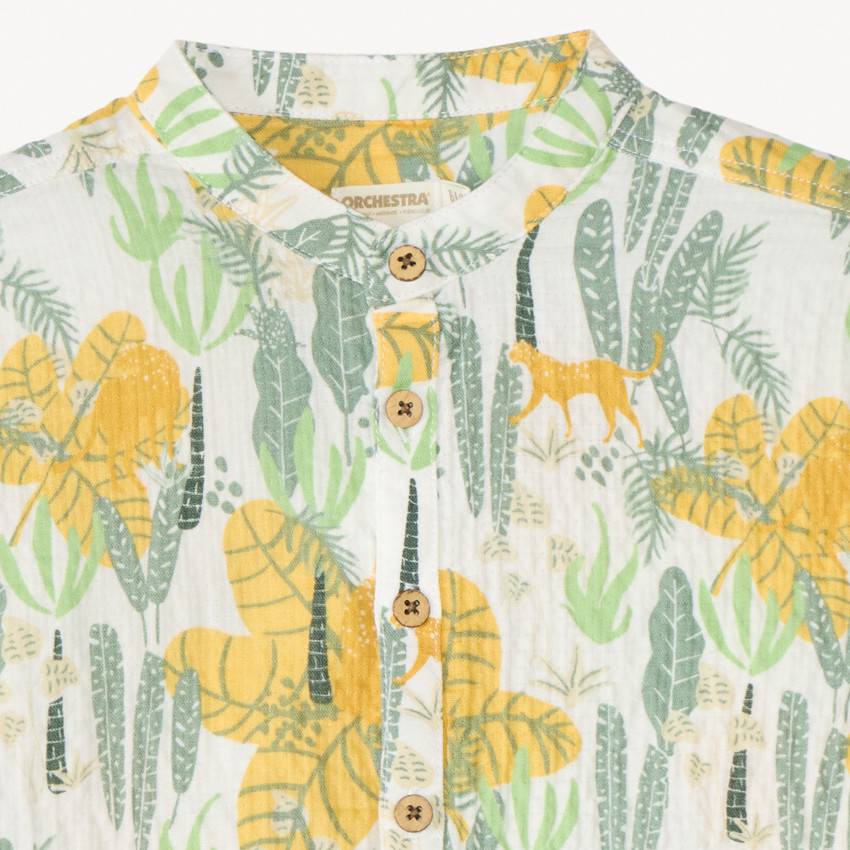 Camisa de manga corta con cuello mao y estampado de jungla para niño 