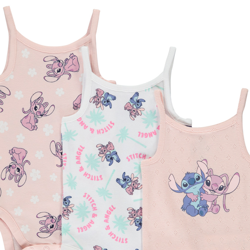 Pack de 3 bodies tipo camiseta de tirantes Stitch & Angel Disney para bebé niña 