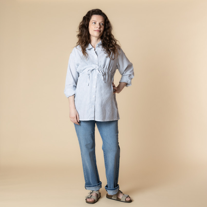Camisa de manga larga de embarazo y lactancia a rayas con lazo. 