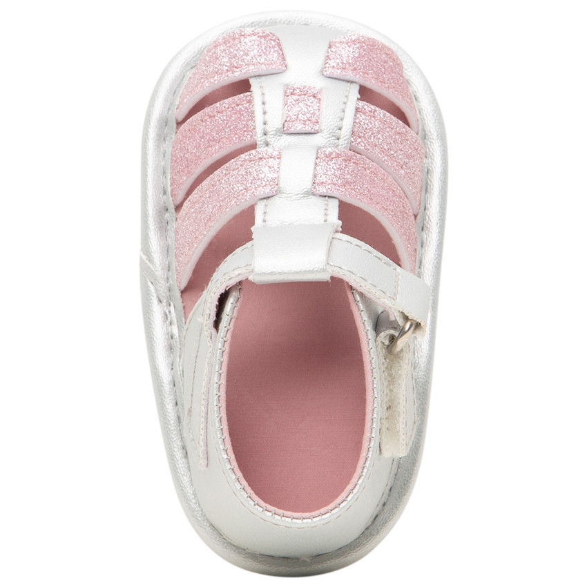 Sandalias suaves plateadas con tiras brillantes para bebé niña 