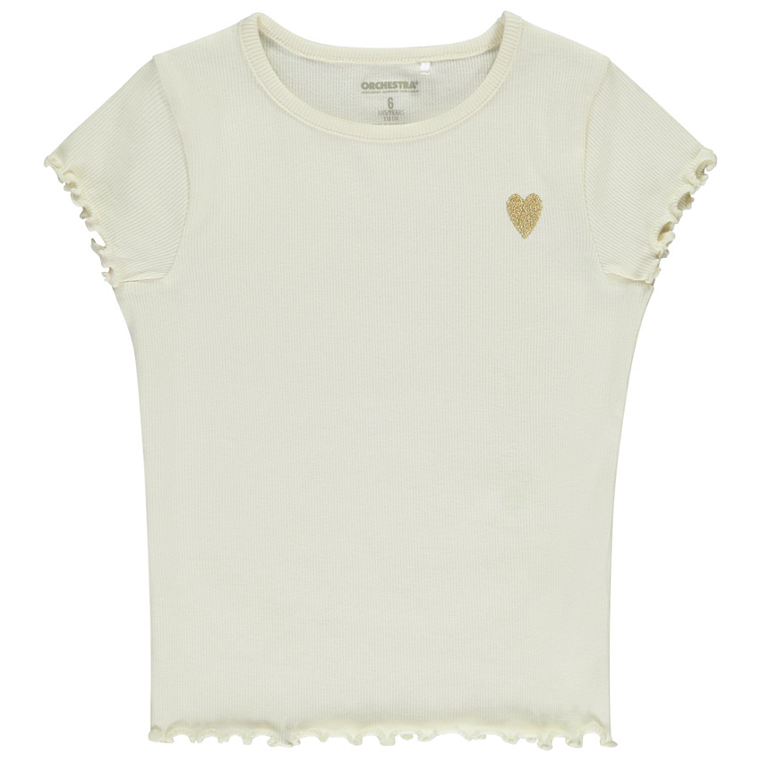 Camiseta de manga corta de punto acanalado con corazón bordado para niña 