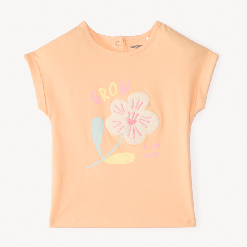 Camiseta de manga corta con parche de flor de bucle para niña bebé. 