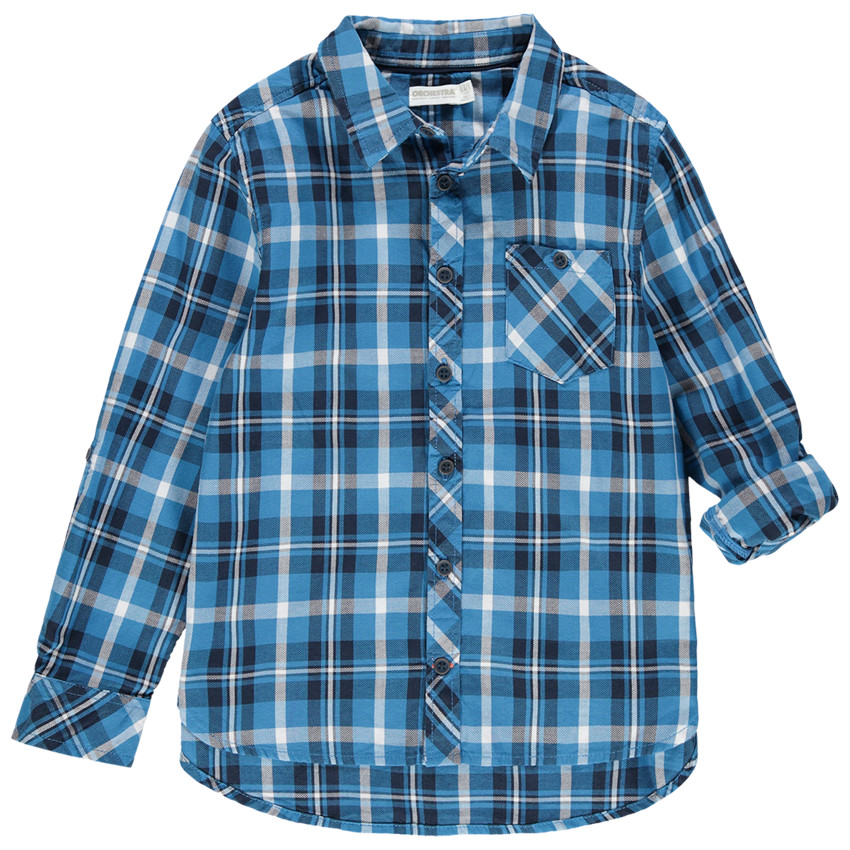 Camisa de manga larga de cuadros azules y bolsillo 