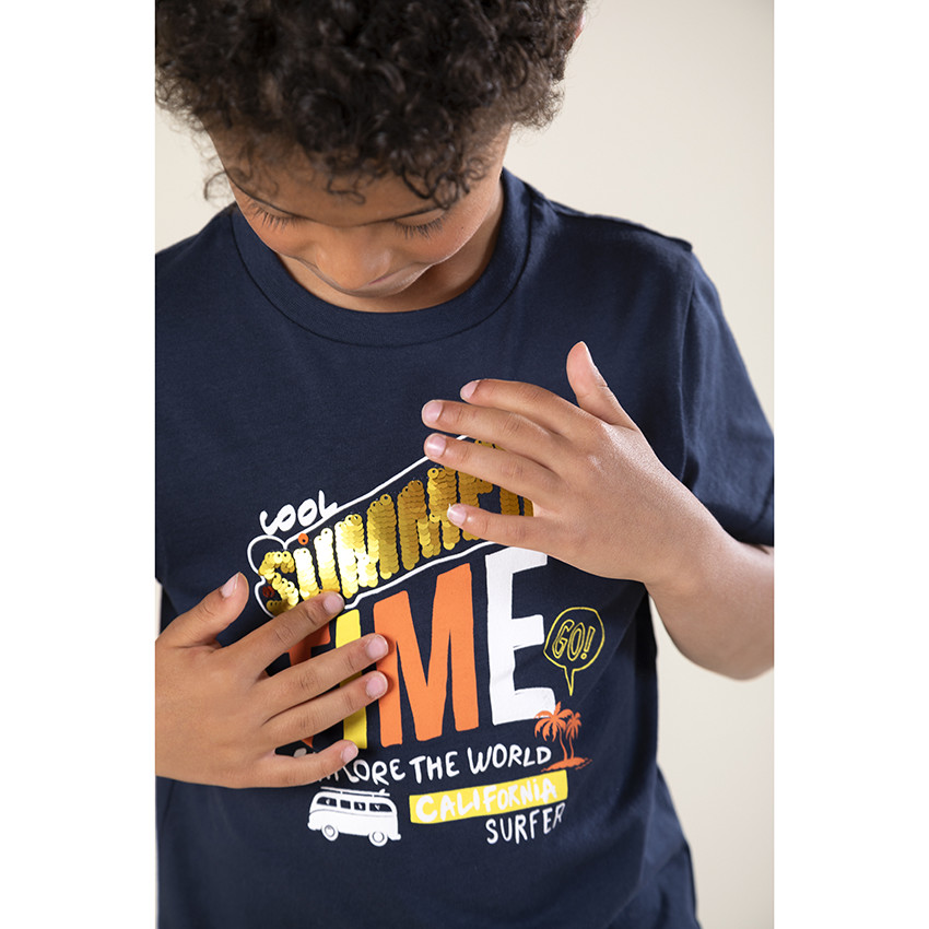 Camiseta manga corta de algodón orgánico print mensaje con lentejuelas 