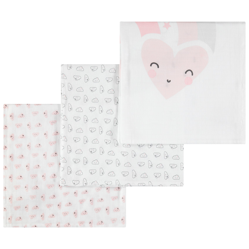Juego de 3 muselinas de algodón con estampado de corazones y nubes 