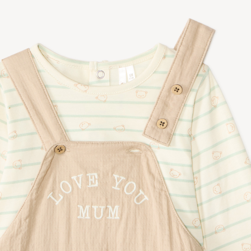 Conjunto de bebé niño: peto + camiseta de manga larga con diseño de osito. 