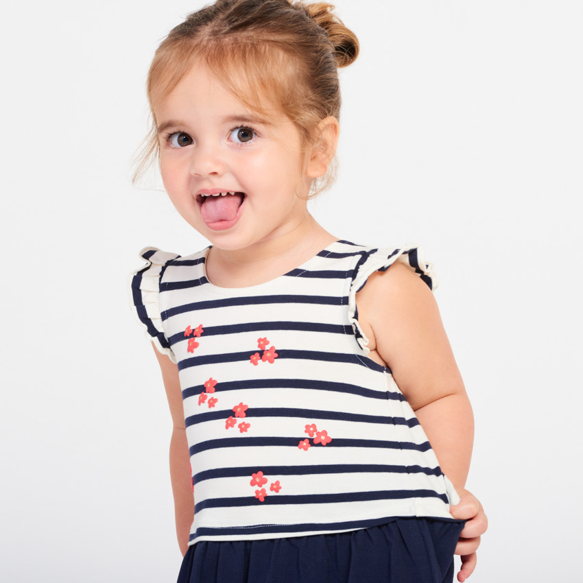 Vestido efecto 2 en 1 de rayas y estampado para bebé niña 