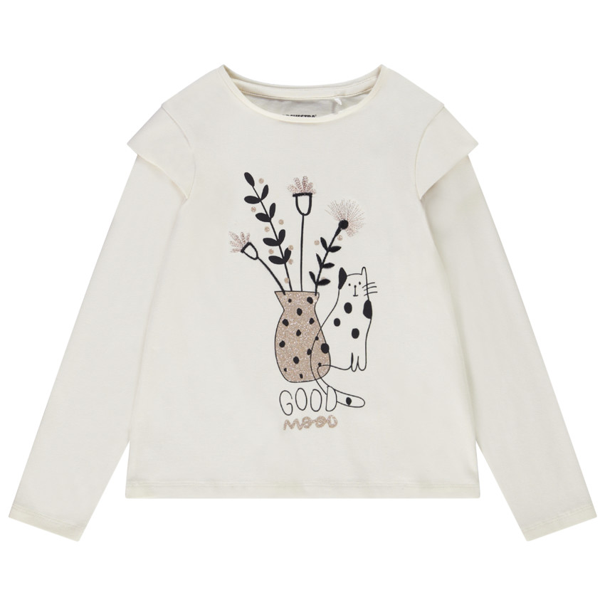 Camiseta de manga larga de punto con estampado de gato para niña 