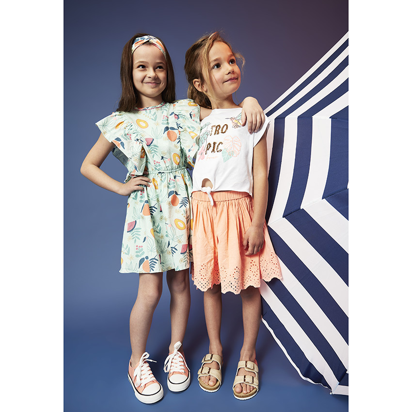 Robe manches courtes volantées imprimé exotique pour fille 