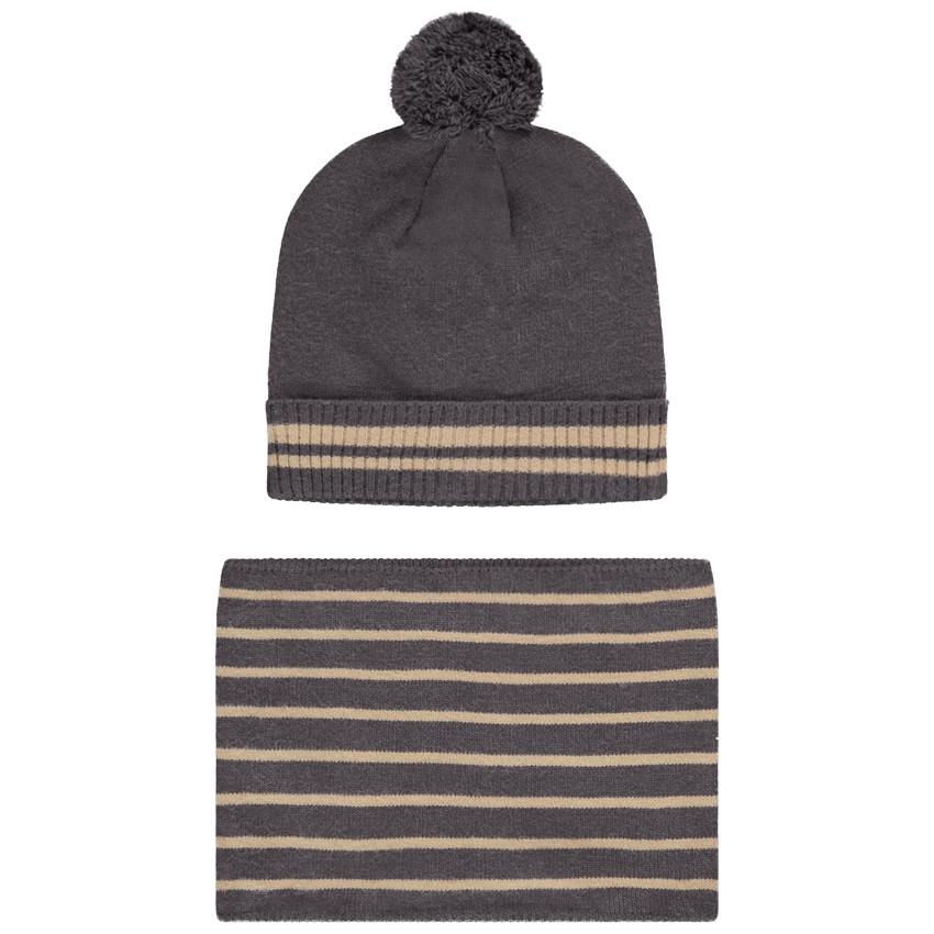 Set bonnet + snood en tricot à rayures avec doublure en sherpa pour garçon Main Set bonnet + snood en tricot à rayures avec doublure en sherpa pour garçon