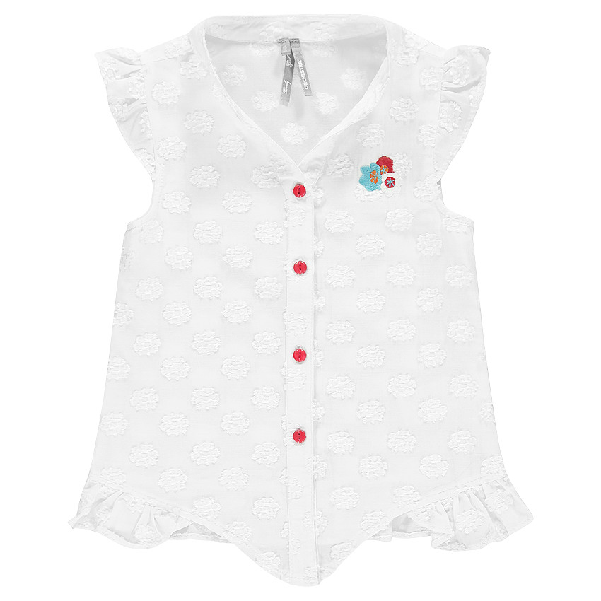 Camisa manga corta cuello Mao con volantes con bordado 