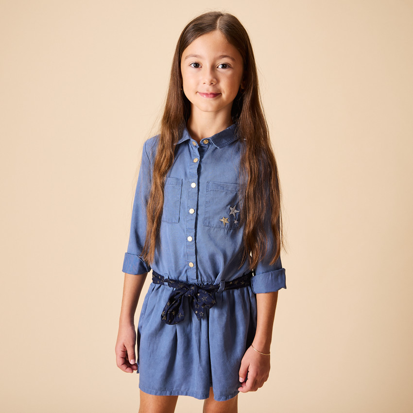 Vestido camisa de manga larga con cinturón para niña 