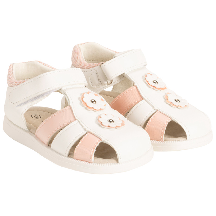 Sandalias bicolores con velcro y flores para bebé niña 