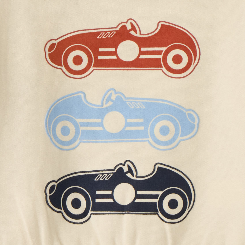 Sudadera oversize para bebé niño bicolor con estampado de coches de carrera. 