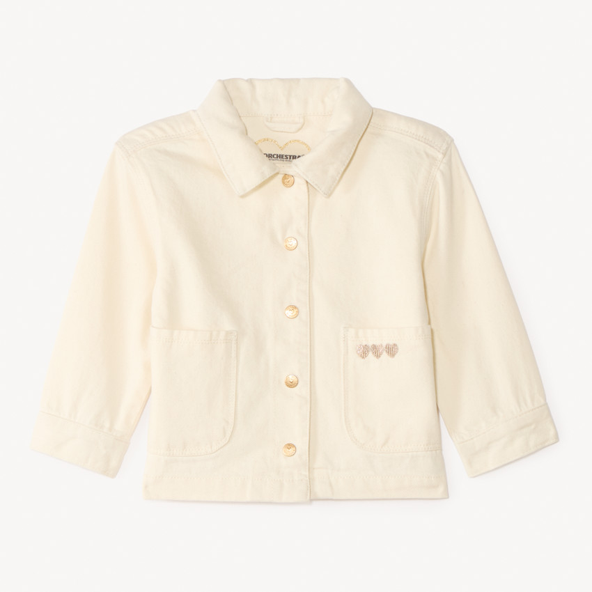Chaqueta de mezclilla lisa con bordado de corazones para niña bebé. 