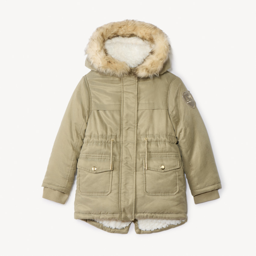 Parka impermeable con capucha y efecto de pelo sintético para niña 