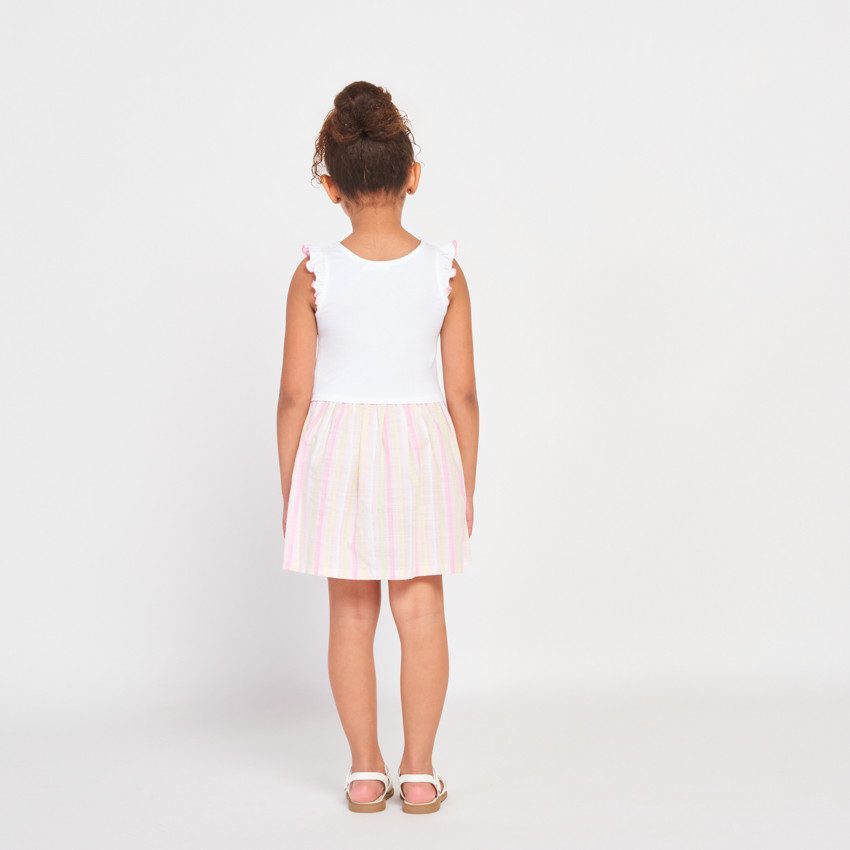 Vestido de doble material efecto 2 en 1 estampado y a rayas para niña 