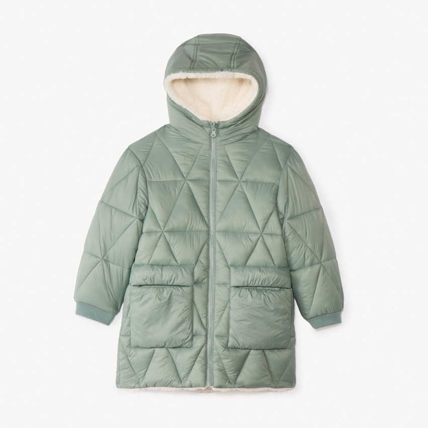 Plumífero largo reversible de dos materiales para niña 