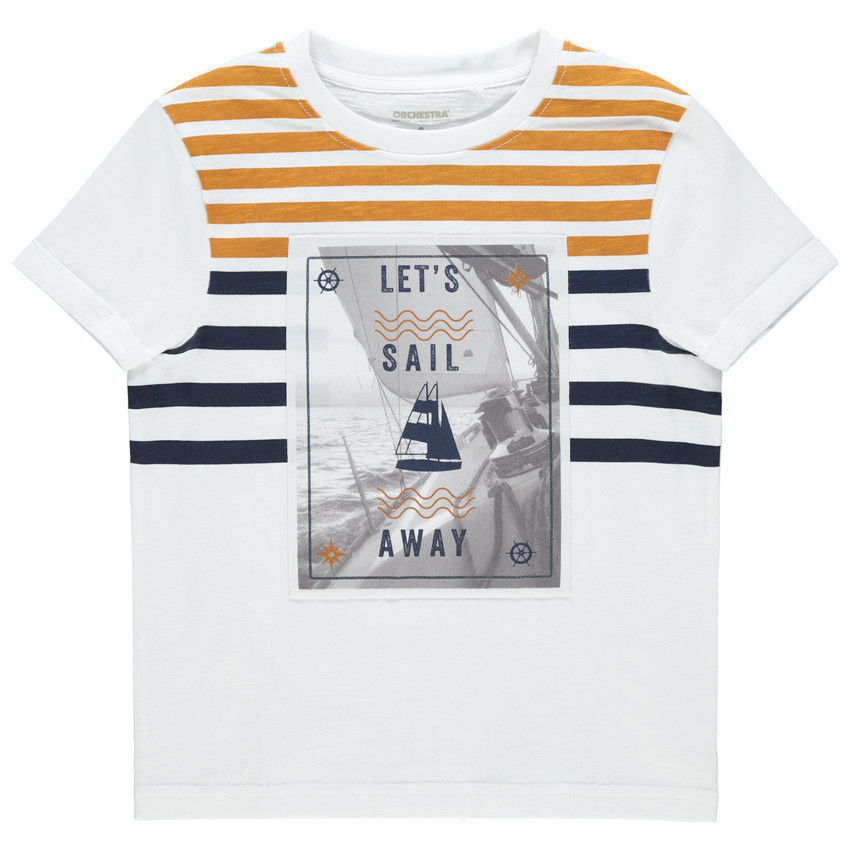 Camiseta manga corta con rayas y print barco 