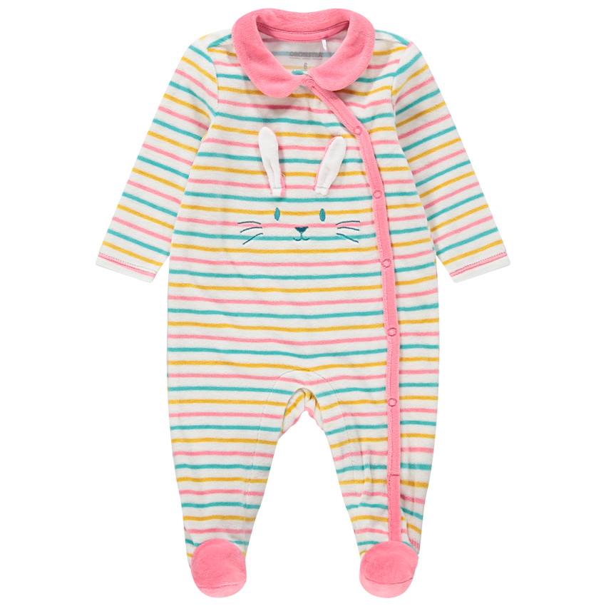 Pijama de terciopelo de rayas con cuello babero y conejo de relieve 