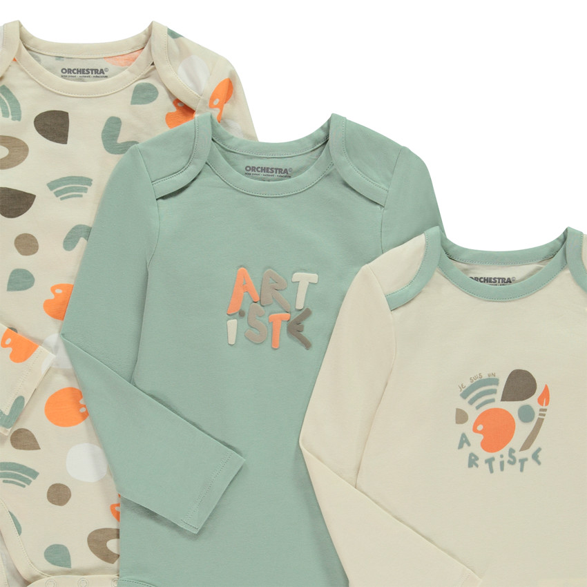 Pack de 3 bodies de manga larga con estampado arty para bebé niño, con diferentes aperturas según la edad. 