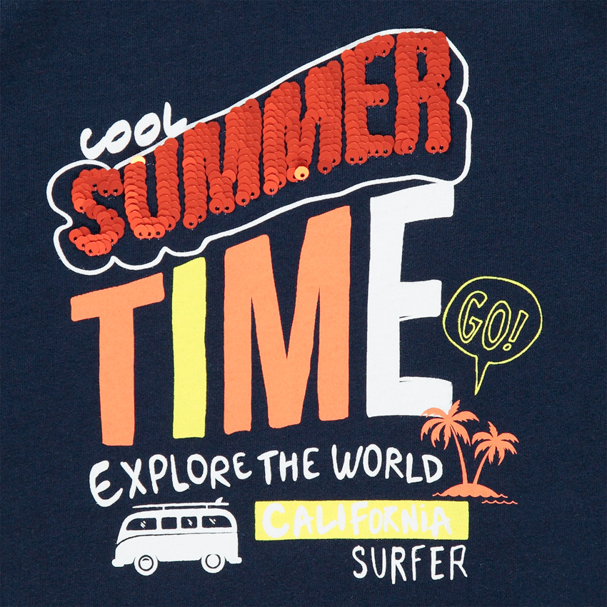 Camiseta manga corta de algodón orgánico print mensaje con lentejuelas 