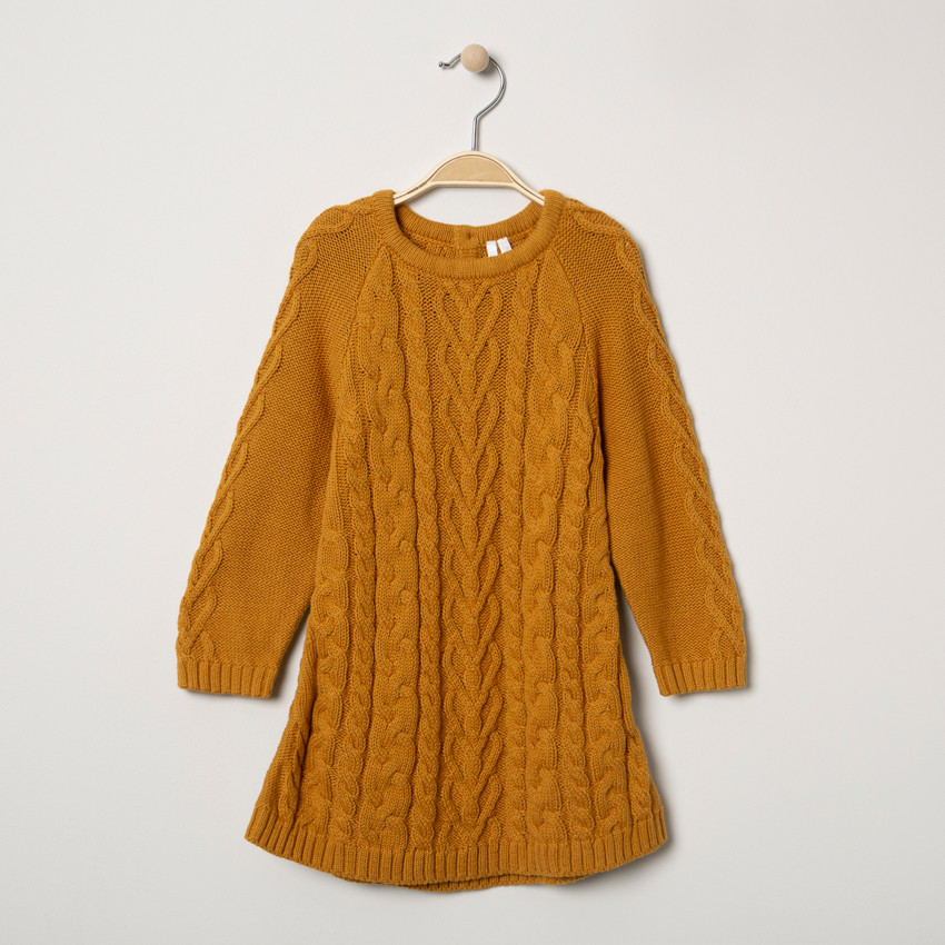 Vestido de manga larga de punto ocre con juego de puntos 