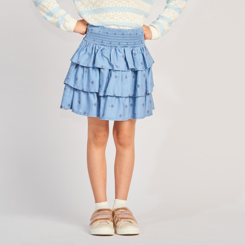 Falda con volantes estampada y cintura smock para niña 