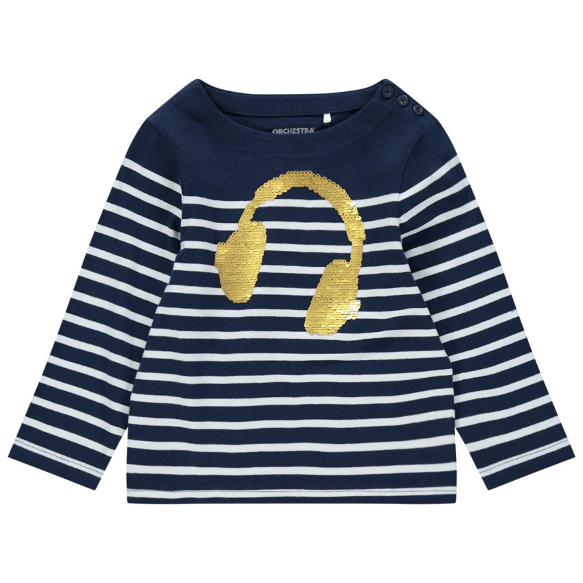 Camiseta manga larga estilo marinero print auriculares de lentejuelas 